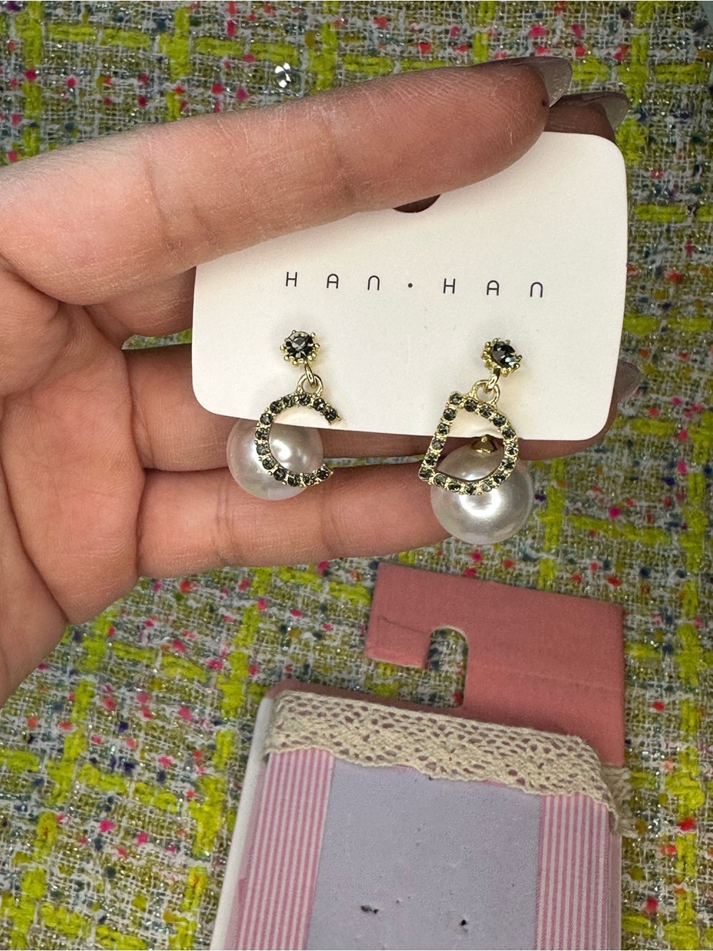 Gold-Tone Pearl Drop Earrings with Black Crystal Accents